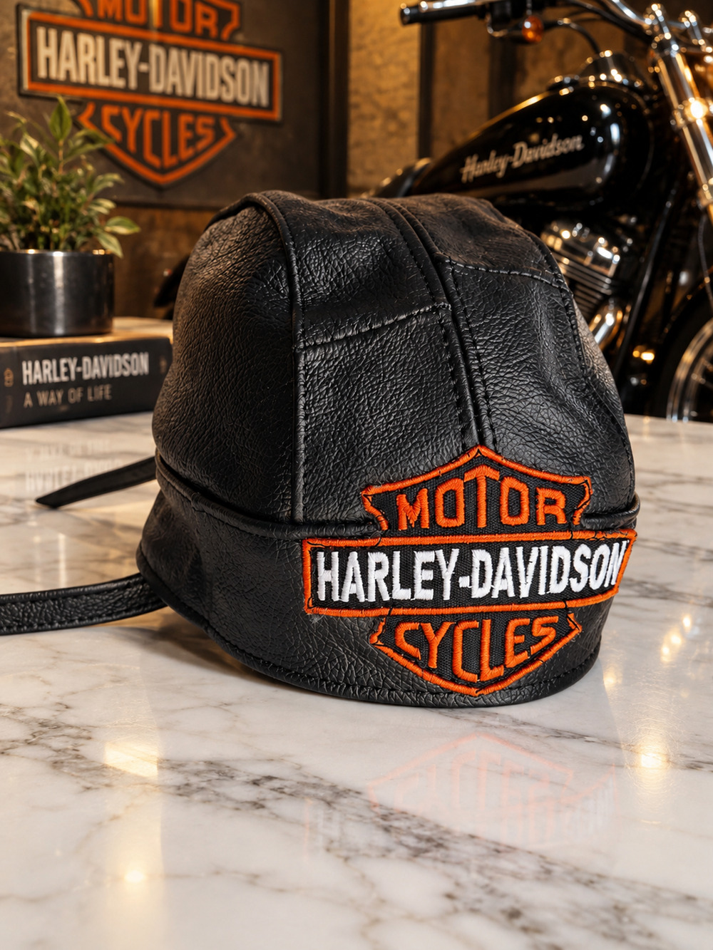 Vtg Harley-Davidson Black Leather Skull Cap Headwrap Made in USA Zipper Pocket